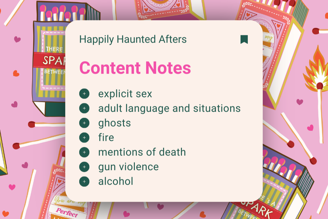 Product packaging with matches and 'Happily Haunted Afters' content notes on a pink background.