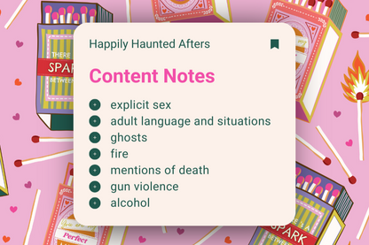 Product packaging with matches and 'Happily Haunted Afters' content notes on a pink background.