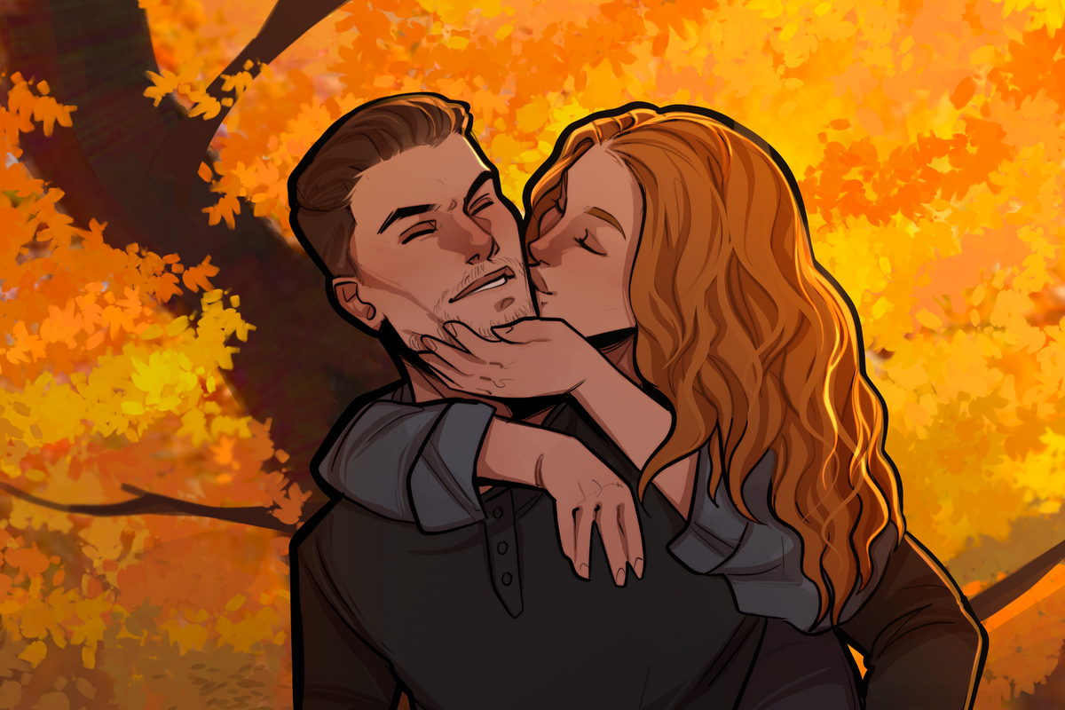 Illustration of a couple embracing in an autumn setting with orange and yellow leaves.