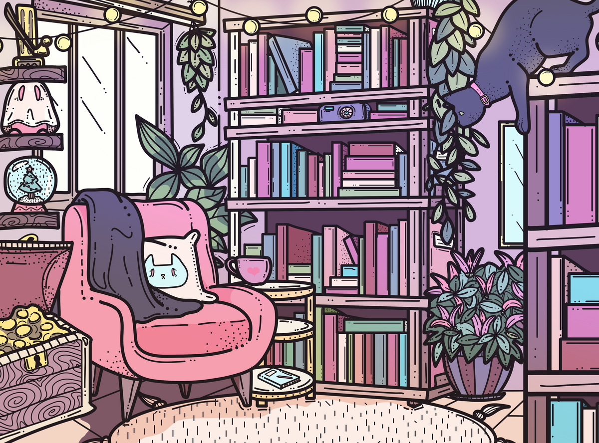 Colorful illustration of a cozy room with bookshelves, a pink chair, and plants.