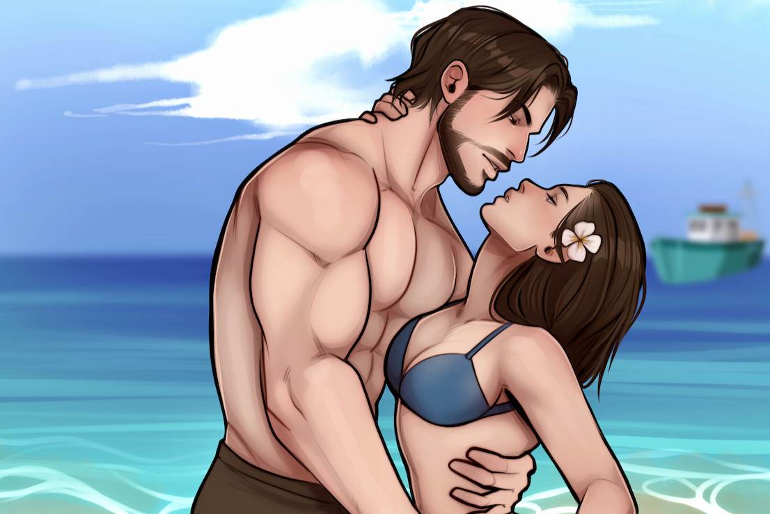 Illustration of a couple embracing on a beach with a boat in the background.